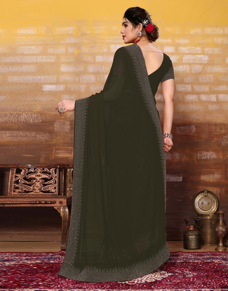 Dark Olive Green Plain Georgette Saree