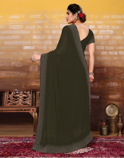Dark Olive Green Plain Georgette Saree