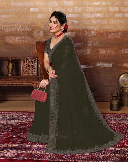 Dark Olive Green Plain Georgette Saree