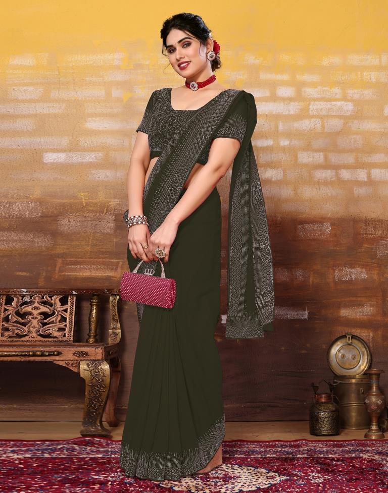 Dark Olive Green Plain Georgette Saree