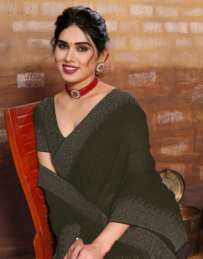 Dark Olive Green Plain Georgette Saree