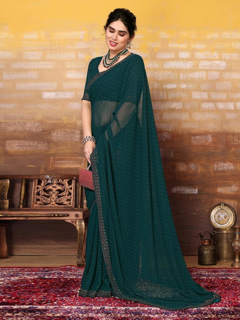 Dark Green Plain Georgette Saree