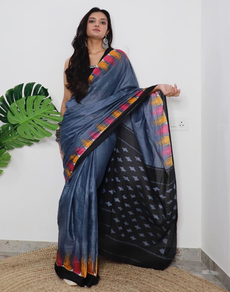 Grey Printed Cotton Saree