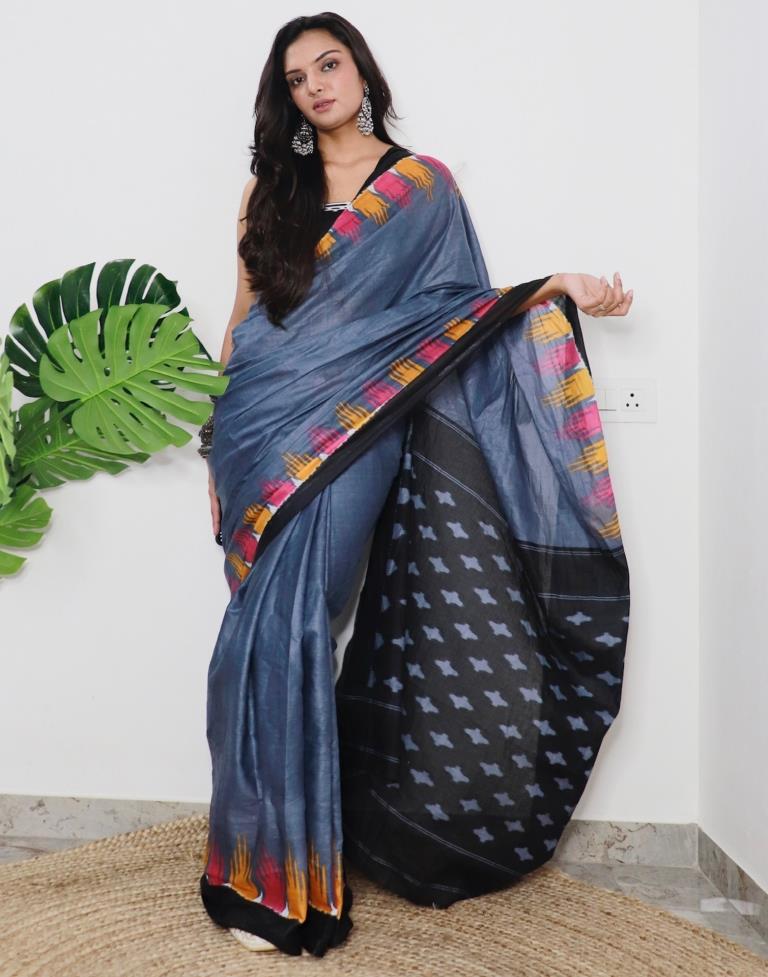Grey Printed Cotton Saree