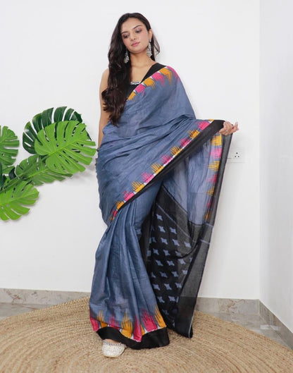 Grey Printed Cotton Saree