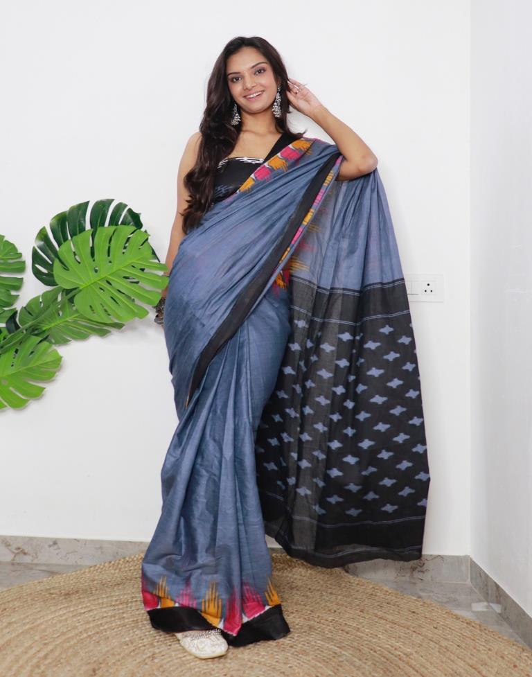 Grey Printed Cotton Saree