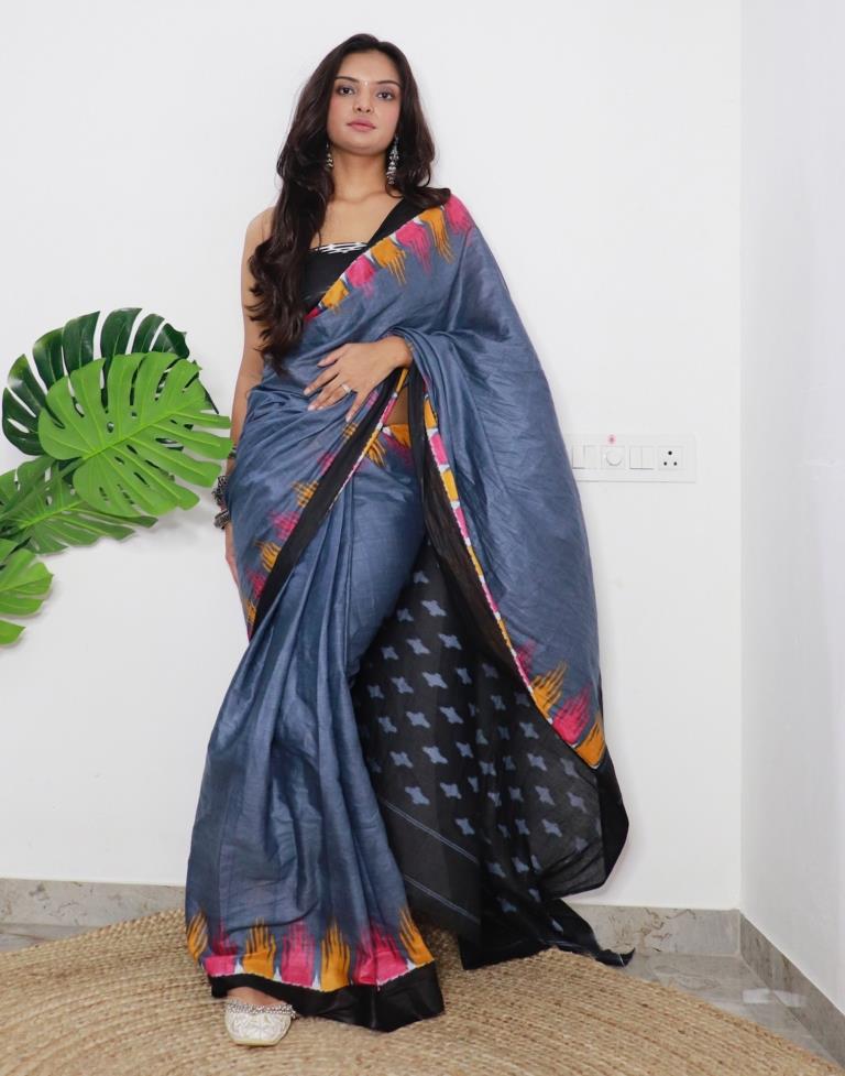 Grey Printed Cotton Saree