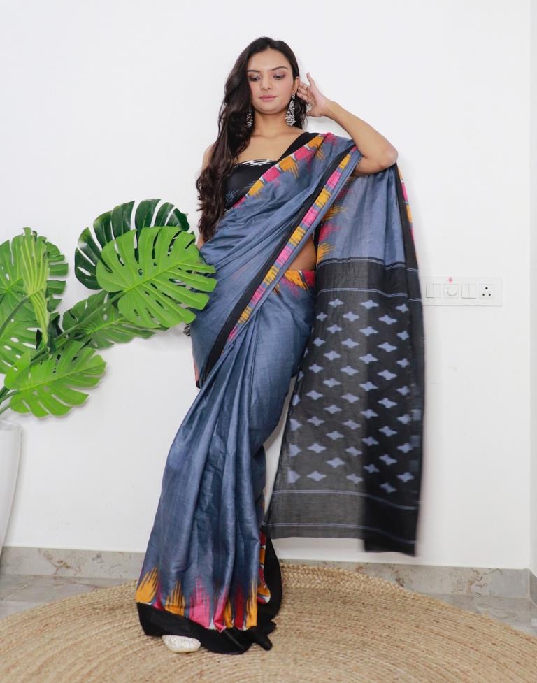 Grey Printed Cotton Saree