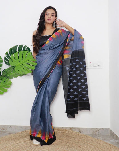 Grey Printed Cotton Saree
