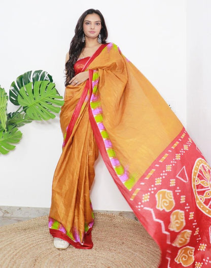 Mustard Yellow Printed Cotton Saree