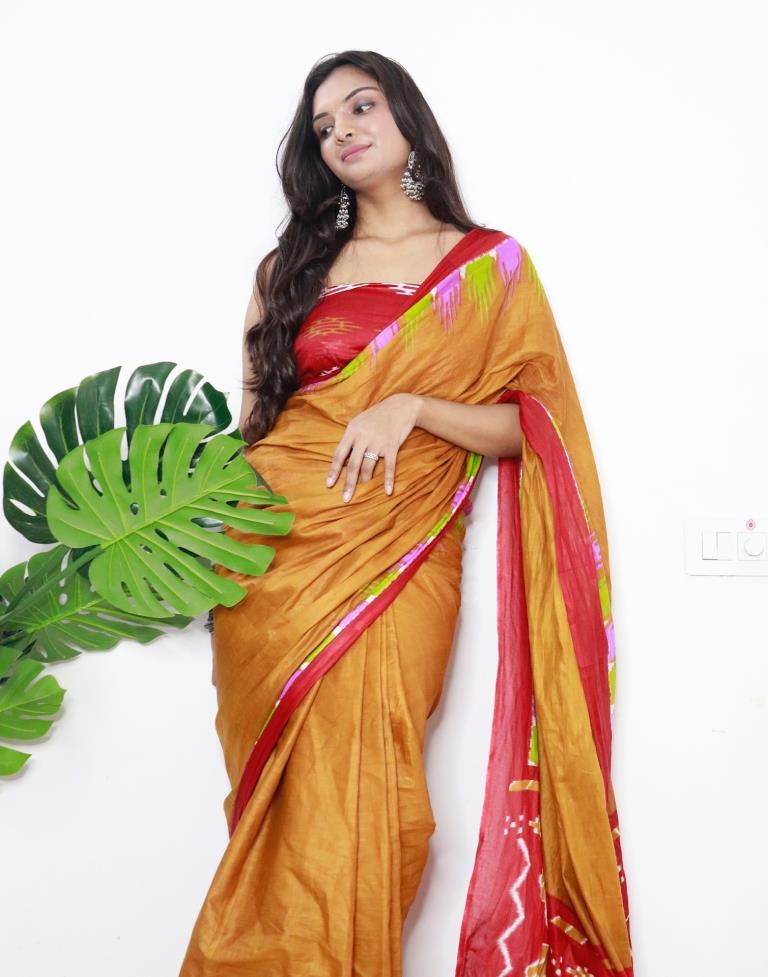 Mustard Yellow Printed Cotton Saree
