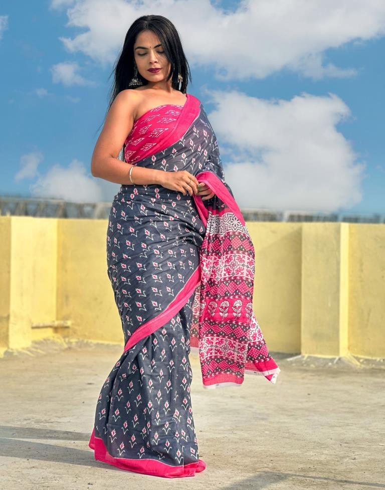 Grey Printed Cotton Saree