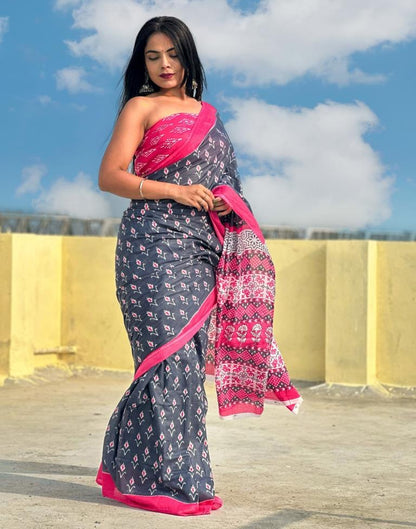 Grey Printed Cotton Saree