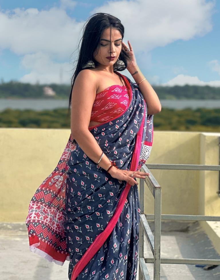 Grey Printed Cotton Saree