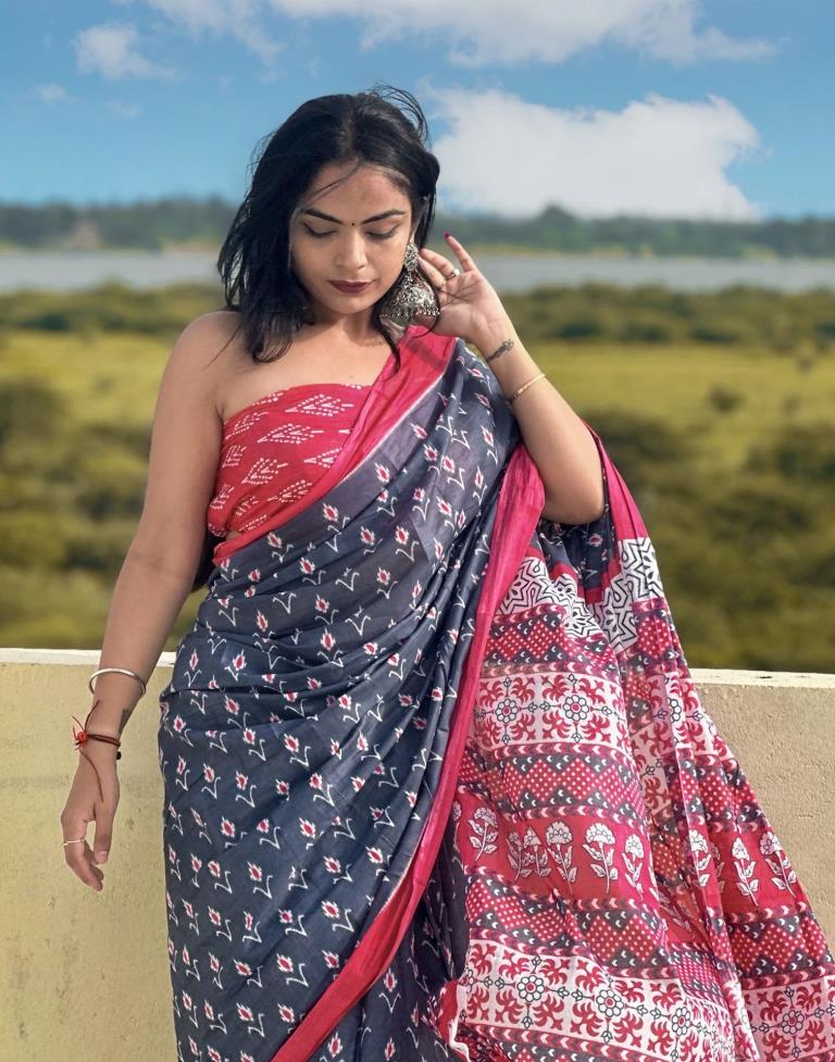 Grey Printed Cotton Saree