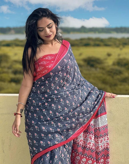 Grey Printed Cotton Saree