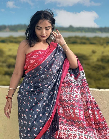 Grey Printed Cotton Saree