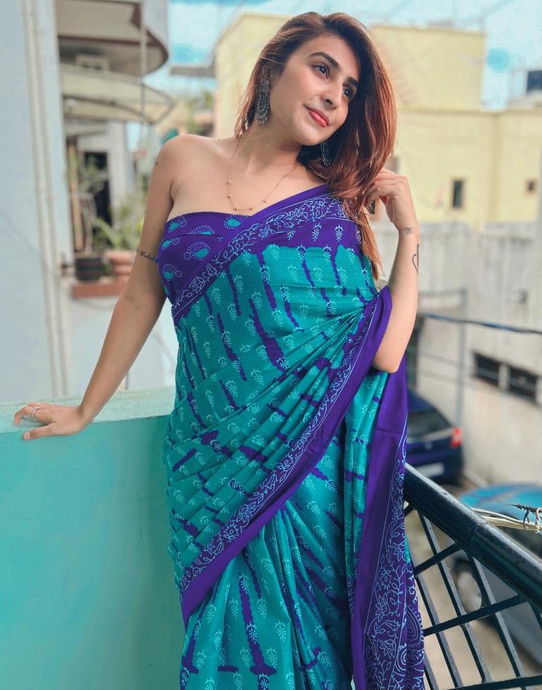 Green Printed Cotton Saree