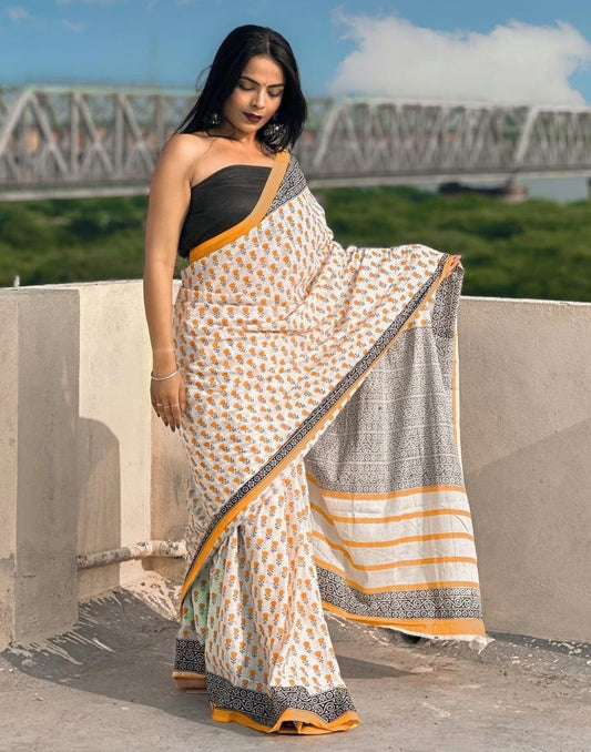 White Printed Cotton Saree