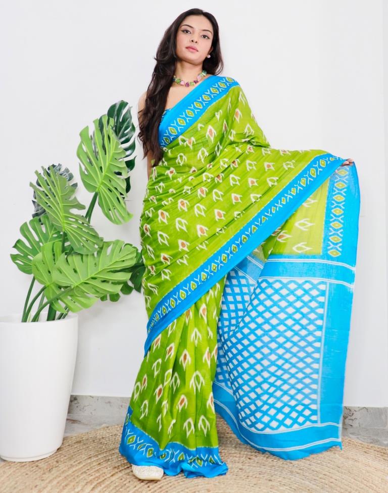 Green Printed Cotton Saree
