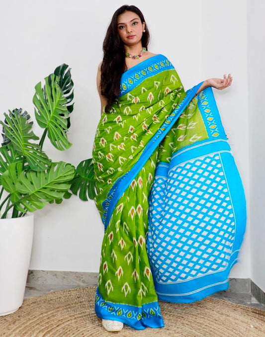 Green Printed Cotton Saree