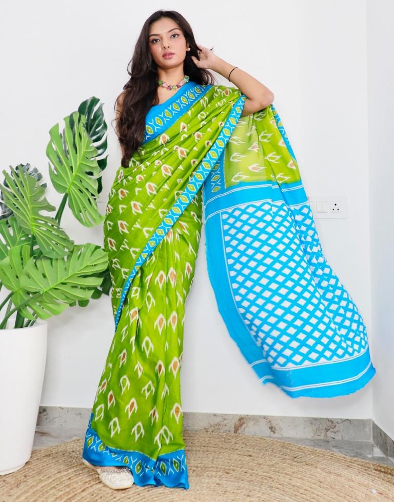 Green Printed Cotton Saree