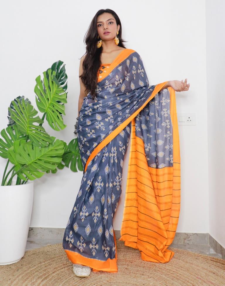 Grey & Orange Printed Cotton Saree