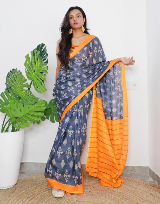 Grey & Orange Printed Cotton Saree