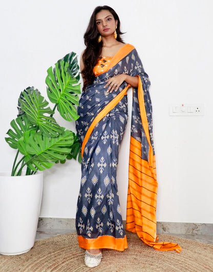 Grey & Orange Printed Cotton Saree