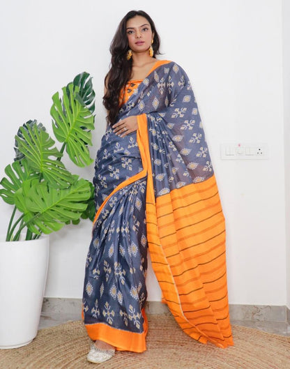 Grey & Orange Printed Cotton Saree