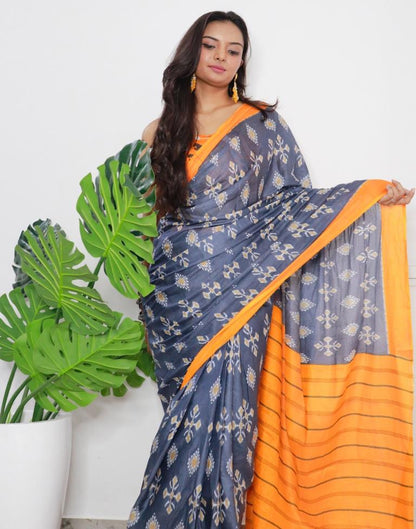 Grey & Orange Printed Cotton Saree
