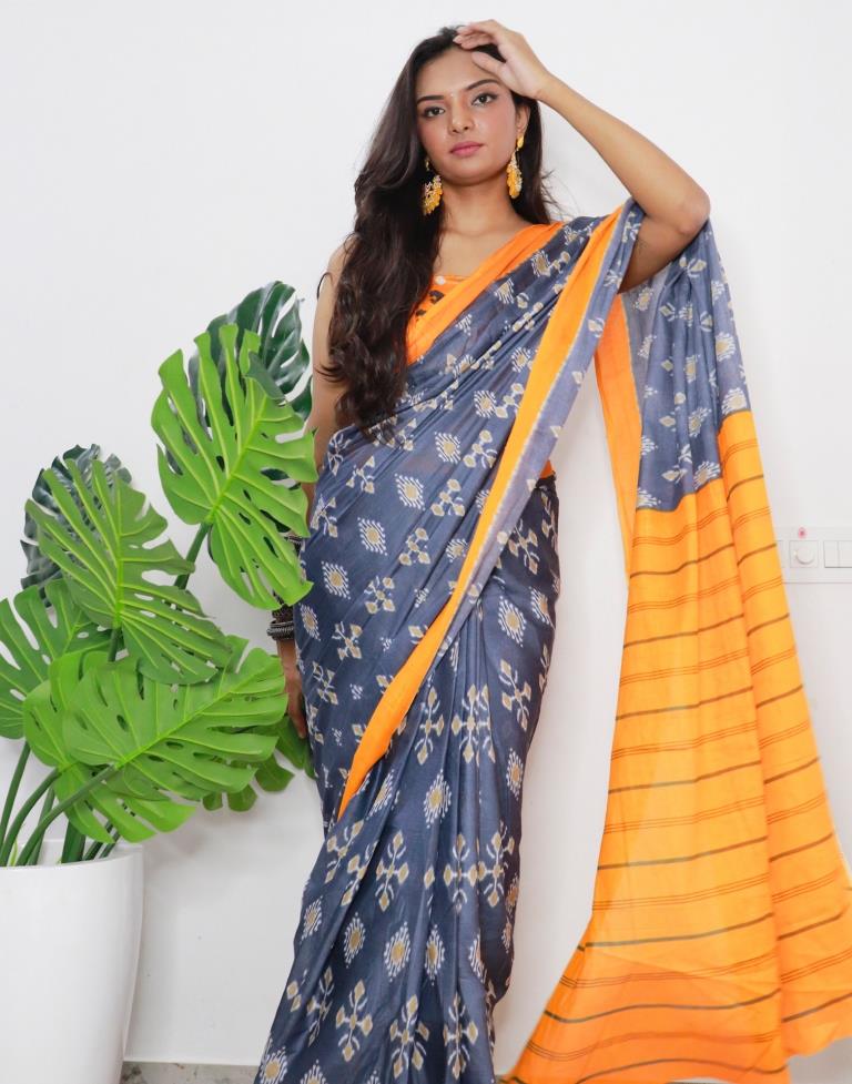 Grey & Orange Printed Cotton Saree