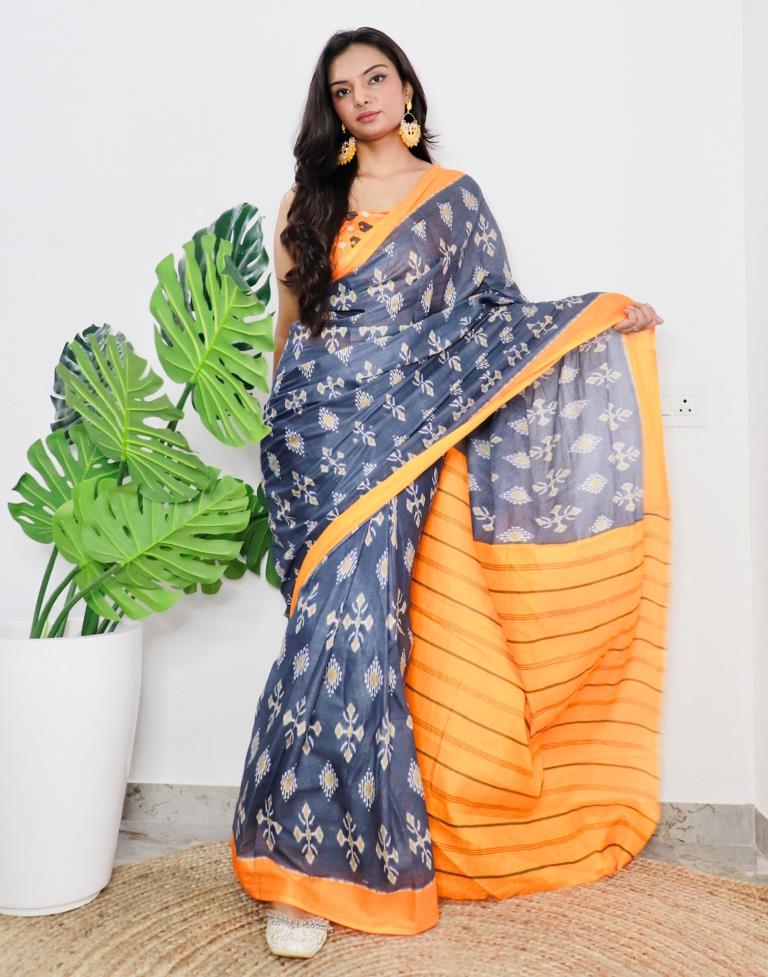 Grey & Orange Printed Cotton Saree