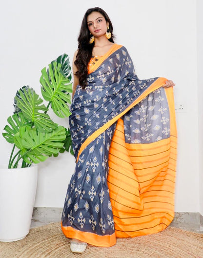 Grey & Orange Printed Cotton Saree
