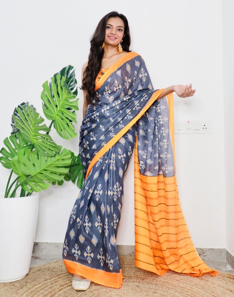 Grey & Orange Printed Cotton Saree