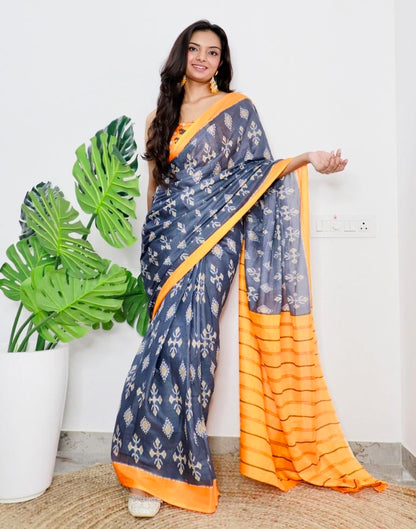 Grey & Orange Printed Cotton Saree