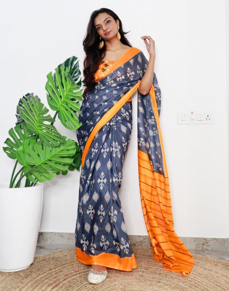 Grey & Orange Printed Cotton Saree