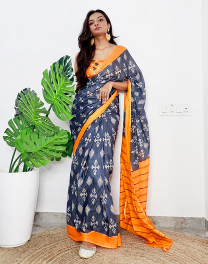 Grey & Orange Printed Cotton Saree
