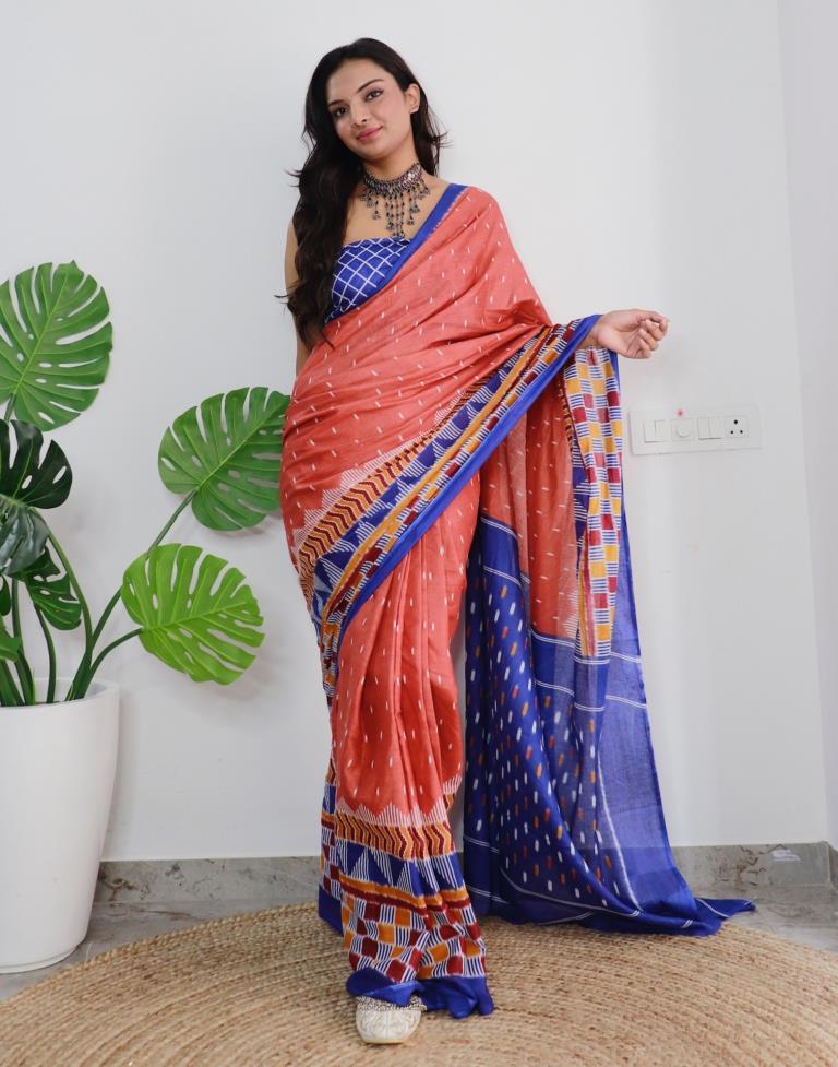 Rust Orange Printed Cotton Saree