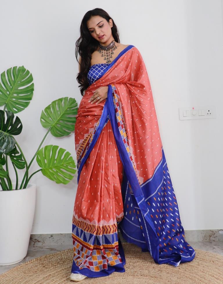 Rust Orange Printed Cotton Saree
