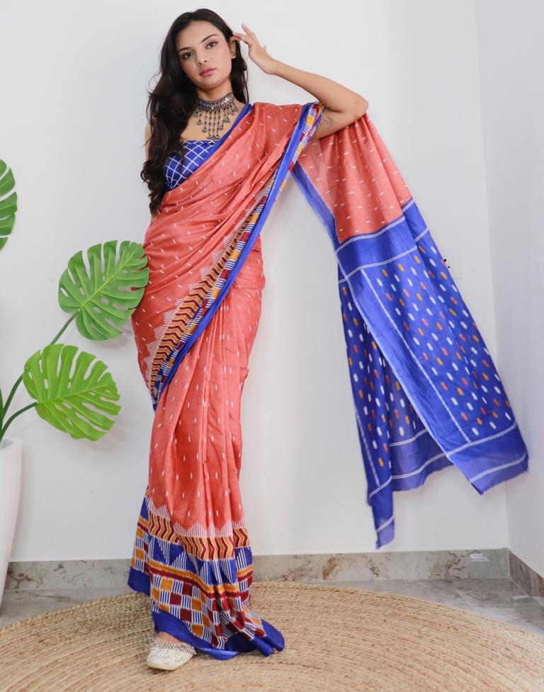 Rust Orange Printed Cotton Saree