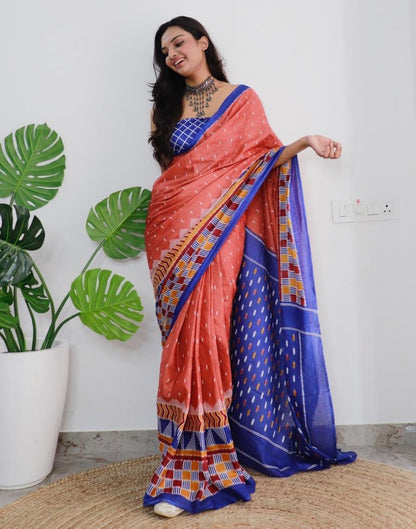 Rust Orange Printed Cotton Saree