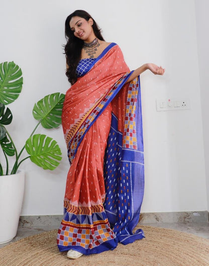 Rust Orange Printed Cotton Saree