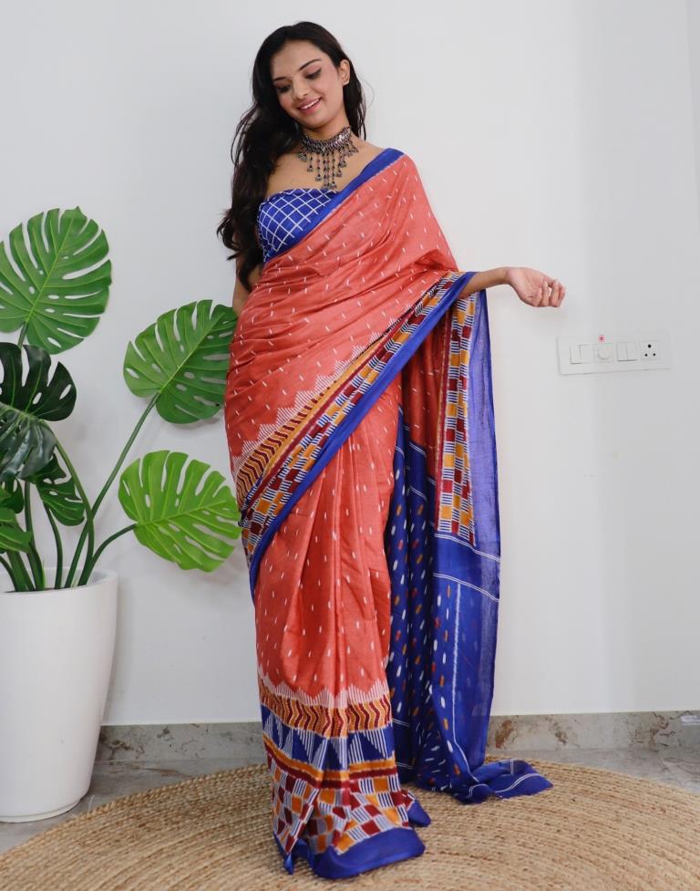 Rust Orange Printed Cotton Saree