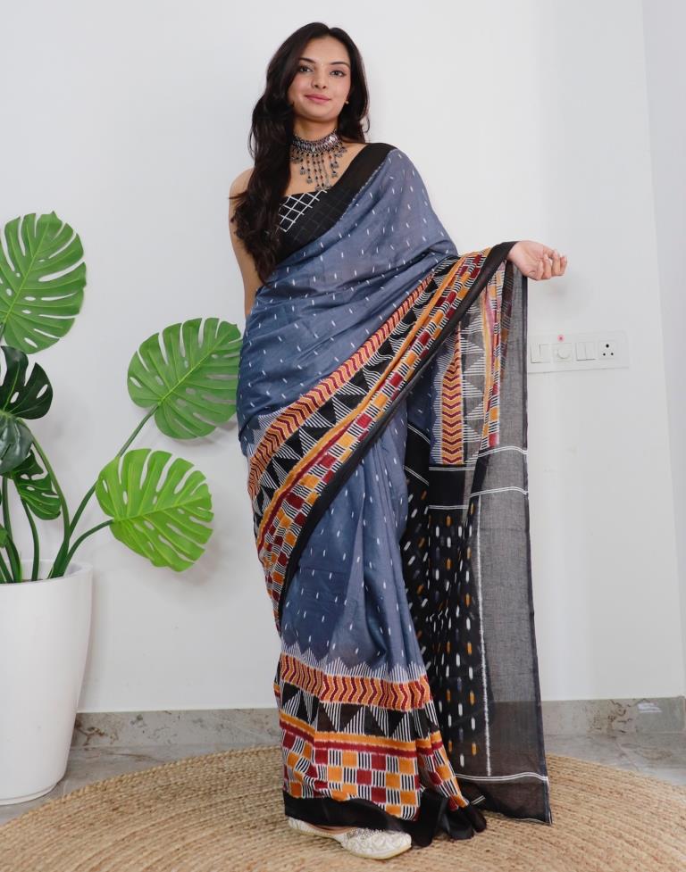 Grey Printed Cotton Saree