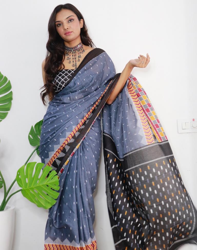 Grey Printed Cotton Saree