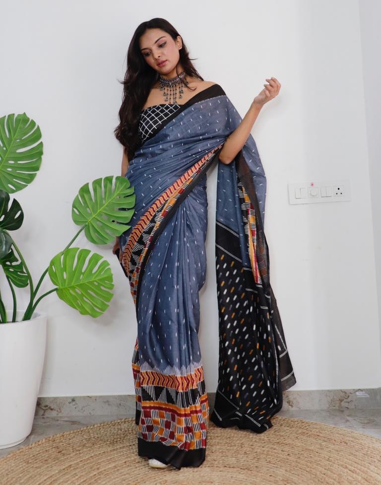 Grey Printed Cotton Saree