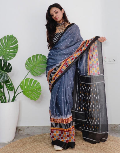 Grey Printed Cotton Saree