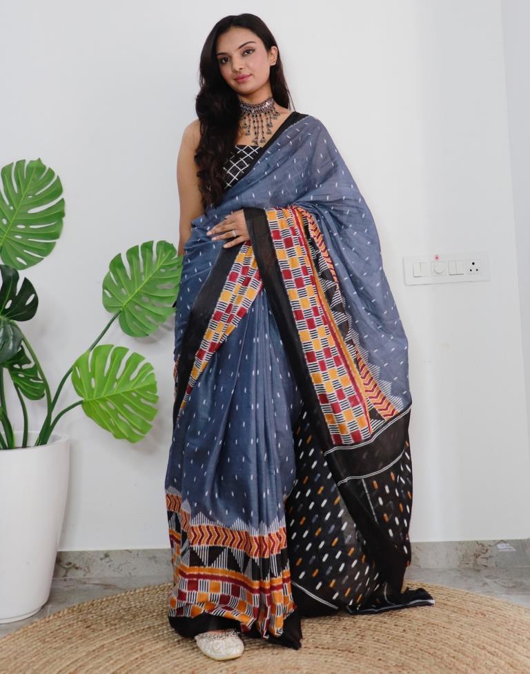 Grey Printed Cotton Saree