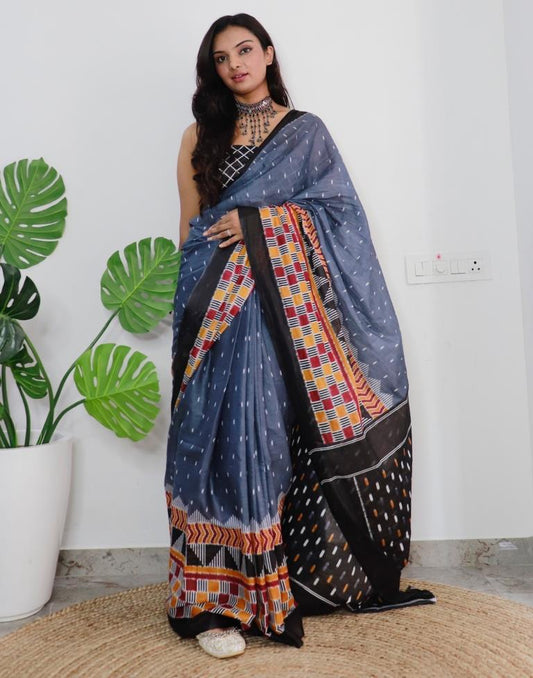 Grey Printed Cotton Saree